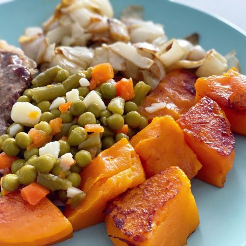 Boniato con verduras y ternera